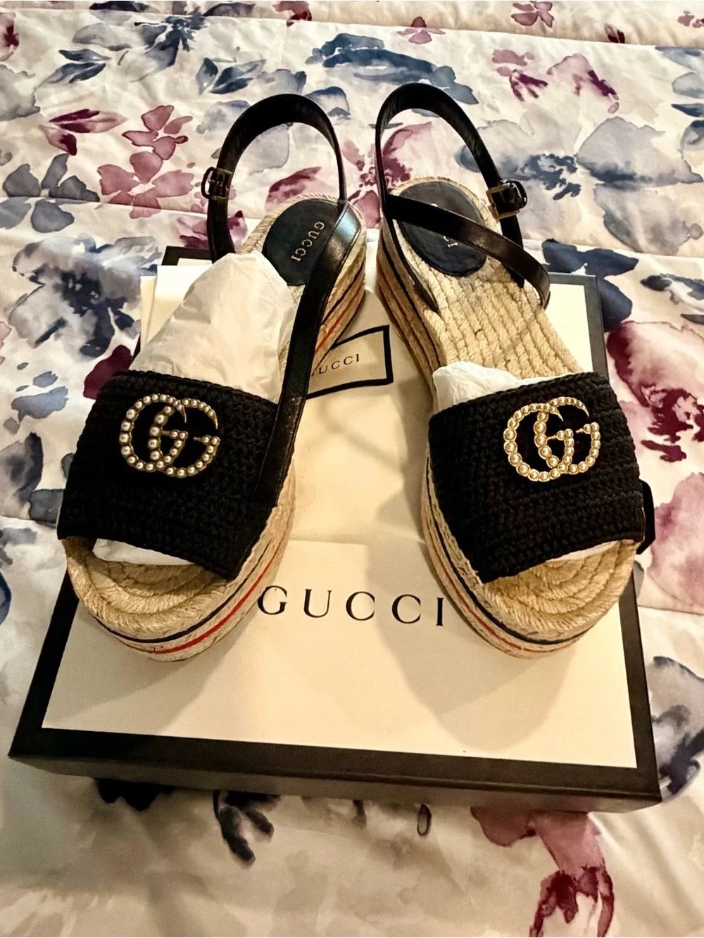 Gucci Black crochet espadrille wedges with Pearl GG Logo and Jute Sole NWOT